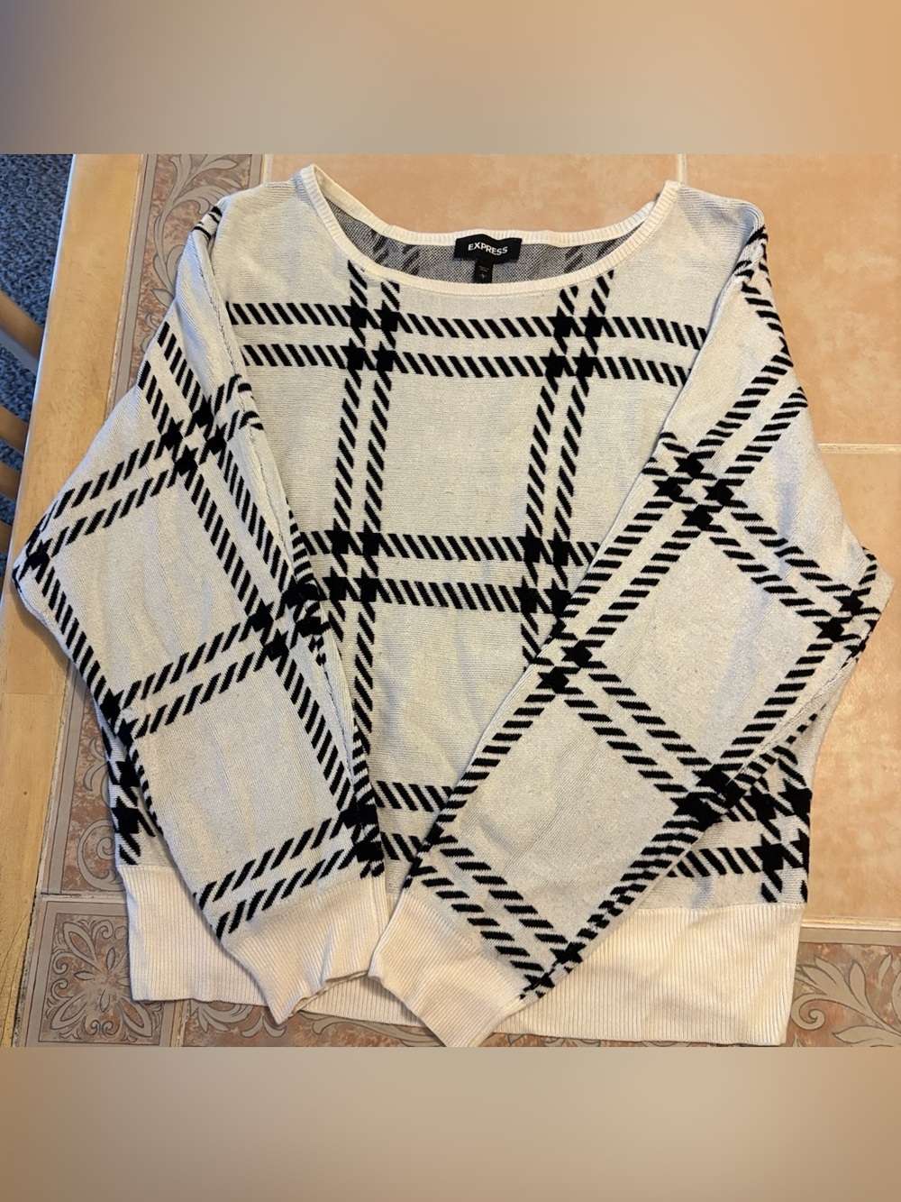 Express Cream Sweater with Black Plaid Crew Neck in Great Condition!!!